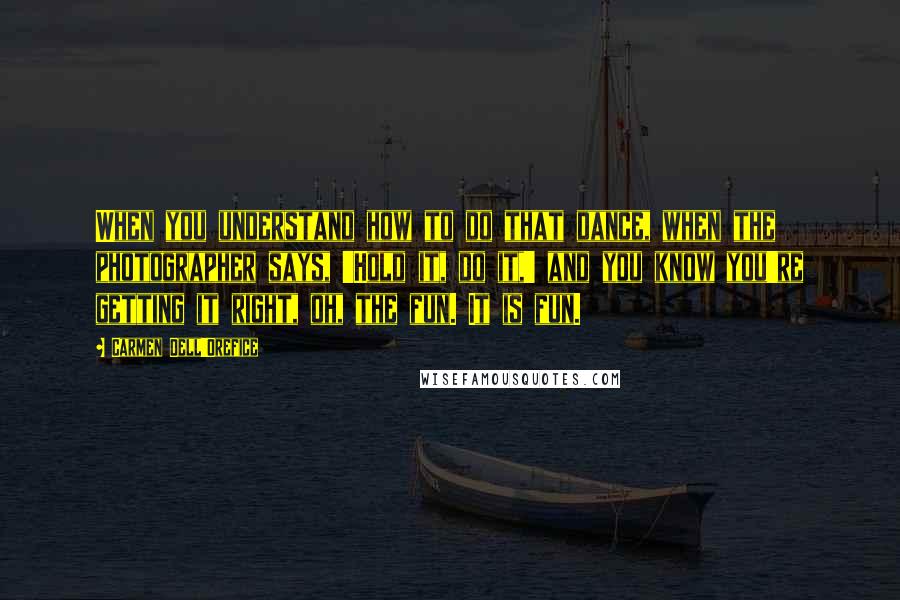 Carmen Dell'Orefice Quotes: When you understand how to do that dance, when the photographer says, 'Hold it, do it,' and you know you're getting it right, oh, the fun. It is fun.