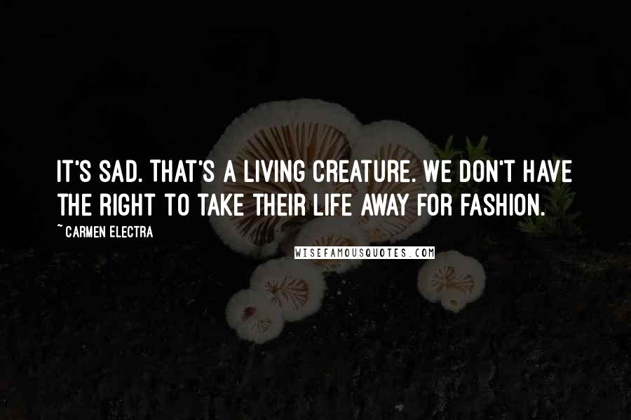 Carmen Electra Quotes: It's sad. That's a living creature. We don't have the right to take their life away for fashion.