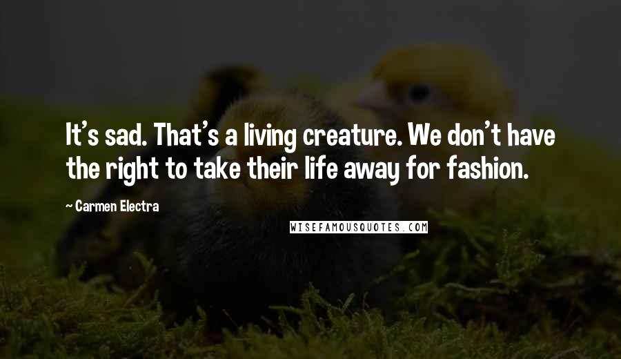 Carmen Electra Quotes: It's sad. That's a living creature. We don't have the right to take their life away for fashion.
