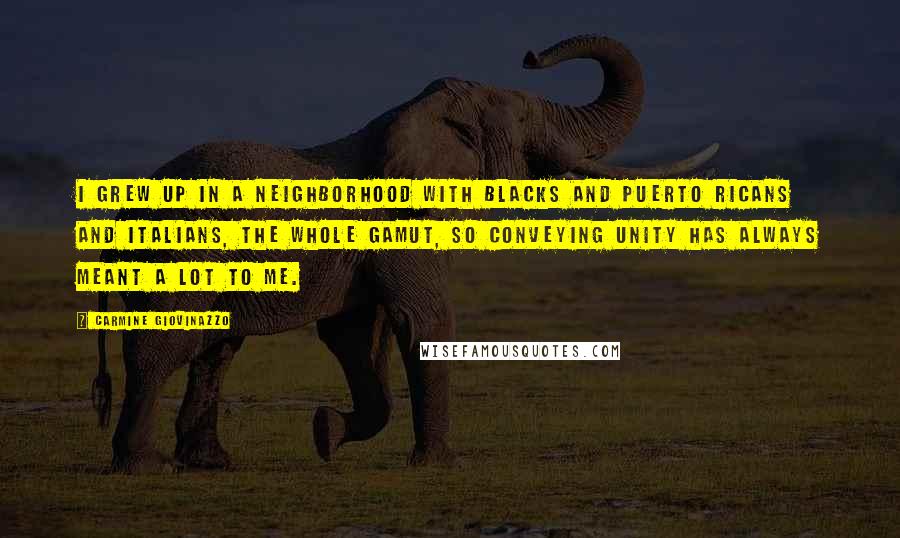 Carmine Giovinazzo Quotes: I grew up in a neighborhood with blacks and Puerto Ricans and Italians, the whole gamut, so conveying unity has always meant a lot to me.