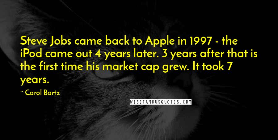 Carol Bartz Quotes: Steve Jobs came back to Apple in 1997 - the iPod came out 4 years later. 3 years after that is the first time his market cap grew. It took 7 years.