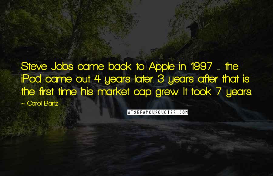 Carol Bartz Quotes: Steve Jobs came back to Apple in 1997 - the iPod came out 4 years later. 3 years after that is the first time his market cap grew. It took 7 years.