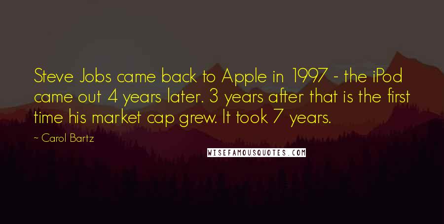 Carol Bartz Quotes: Steve Jobs came back to Apple in 1997 - the iPod came out 4 years later. 3 years after that is the first time his market cap grew. It took 7 years.