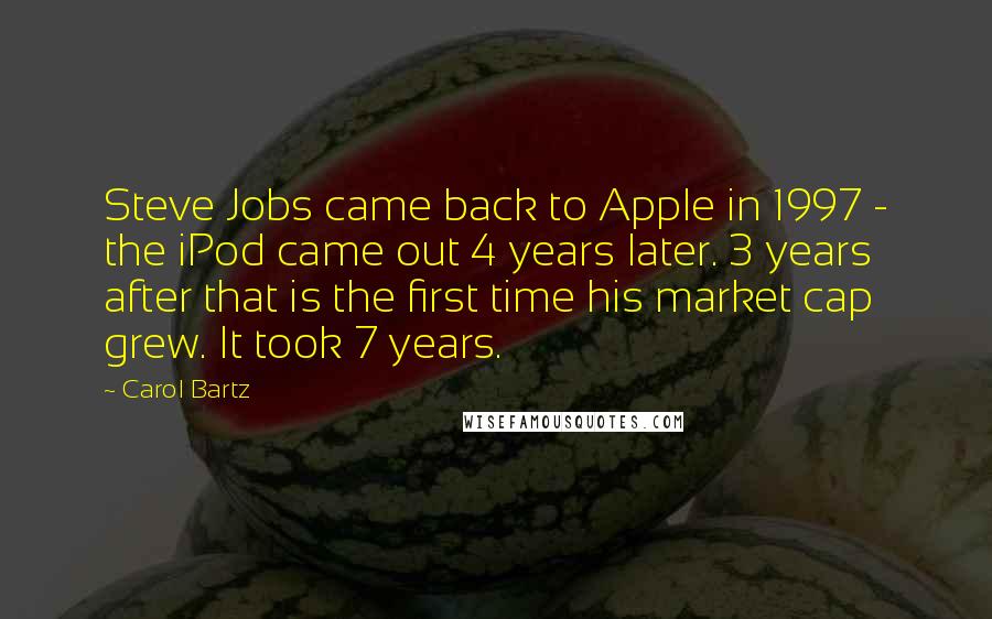 Carol Bartz Quotes: Steve Jobs came back to Apple in 1997 - the iPod came out 4 years later. 3 years after that is the first time his market cap grew. It took 7 years.