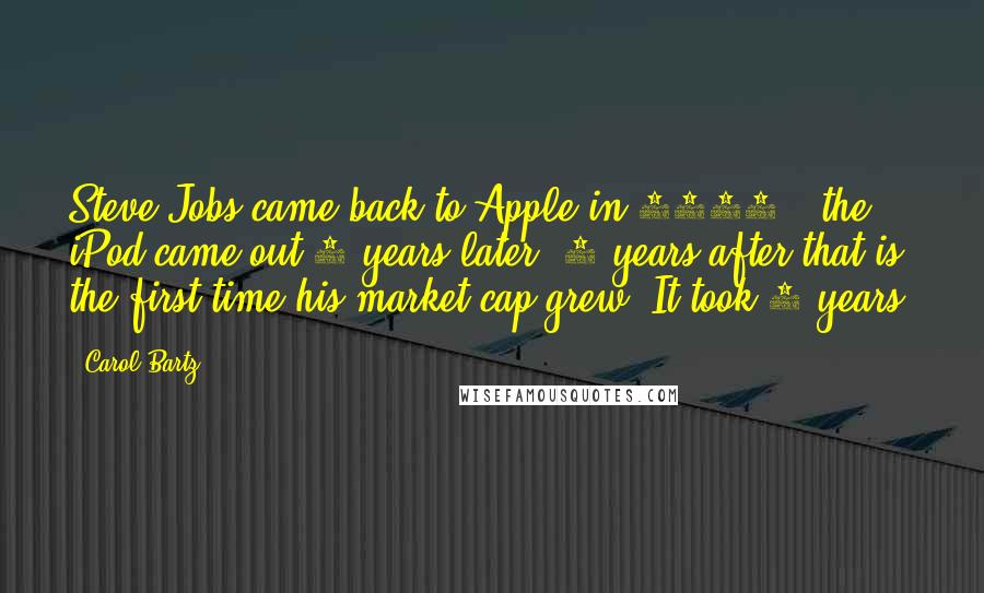 Carol Bartz Quotes: Steve Jobs came back to Apple in 1997 - the iPod came out 4 years later. 3 years after that is the first time his market cap grew. It took 7 years.