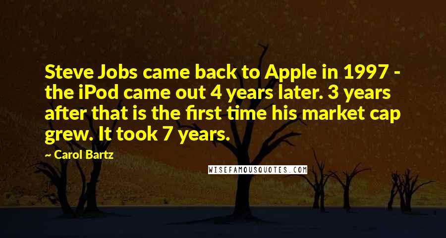 Carol Bartz Quotes: Steve Jobs came back to Apple in 1997 - the iPod came out 4 years later. 3 years after that is the first time his market cap grew. It took 7 years.