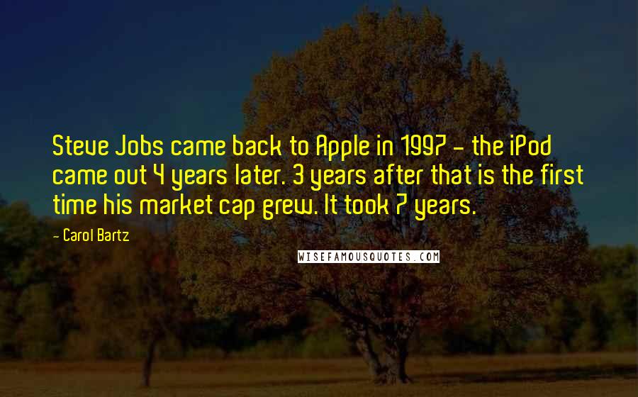 Carol Bartz Quotes: Steve Jobs came back to Apple in 1997 - the iPod came out 4 years later. 3 years after that is the first time his market cap grew. It took 7 years.