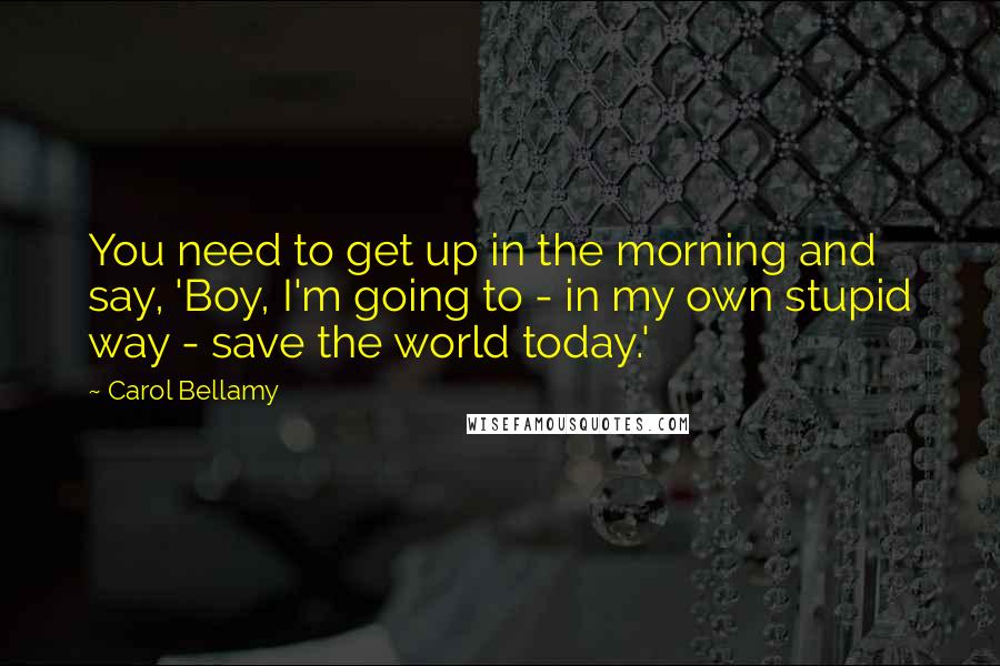 Carol Bellamy Quotes: You need to get up in the morning and say, 'Boy, I'm going to - in my own stupid way - save the world today.'