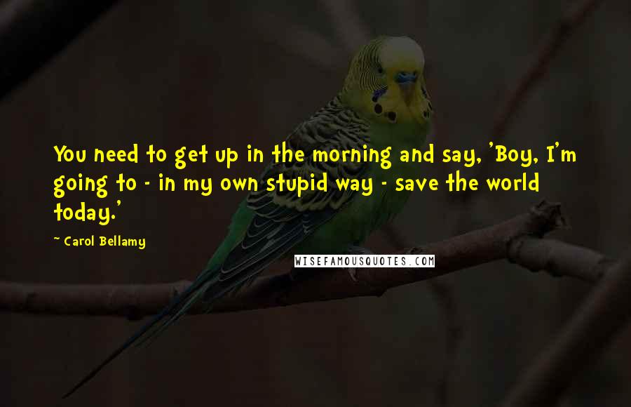 Carol Bellamy Quotes: You need to get up in the morning and say, 'Boy, I'm going to - in my own stupid way - save the world today.'