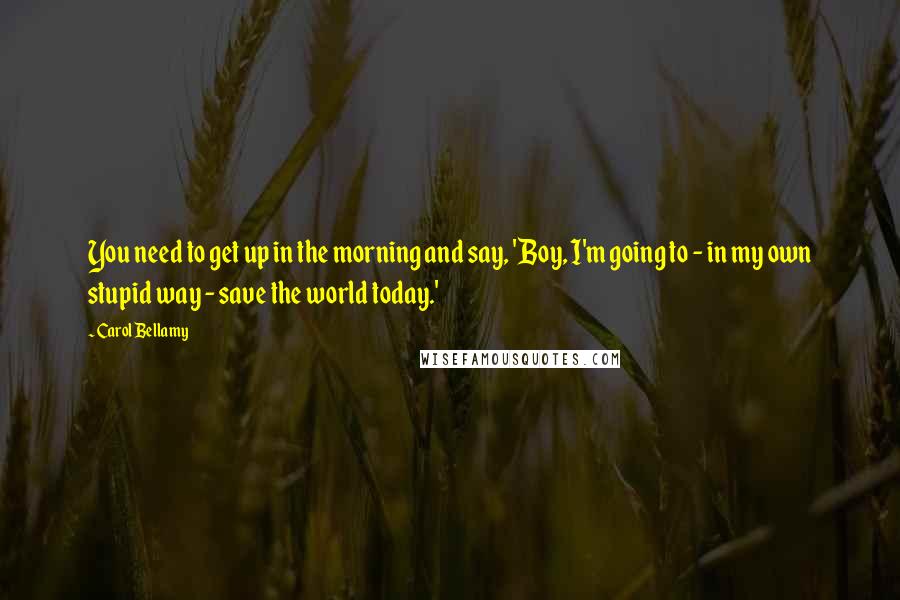 Carol Bellamy Quotes: You need to get up in the morning and say, 'Boy, I'm going to - in my own stupid way - save the world today.'