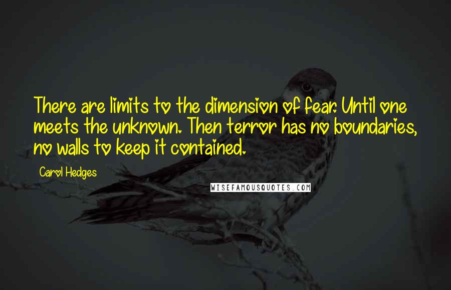 Carol Hedges Quotes: There are limits to the dimension of fear. Until one meets the unknown. Then terror has no boundaries, no walls to keep it contained.