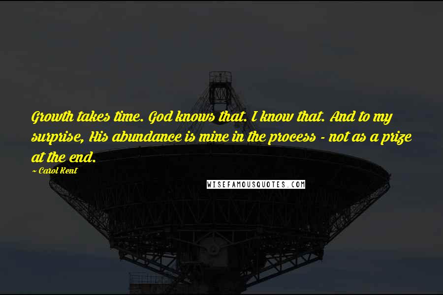 Carol Kent Quotes: Growth takes time. God knows that. I know that. And to my surprise, His abundance is mine in the process - not as a prize at the end.