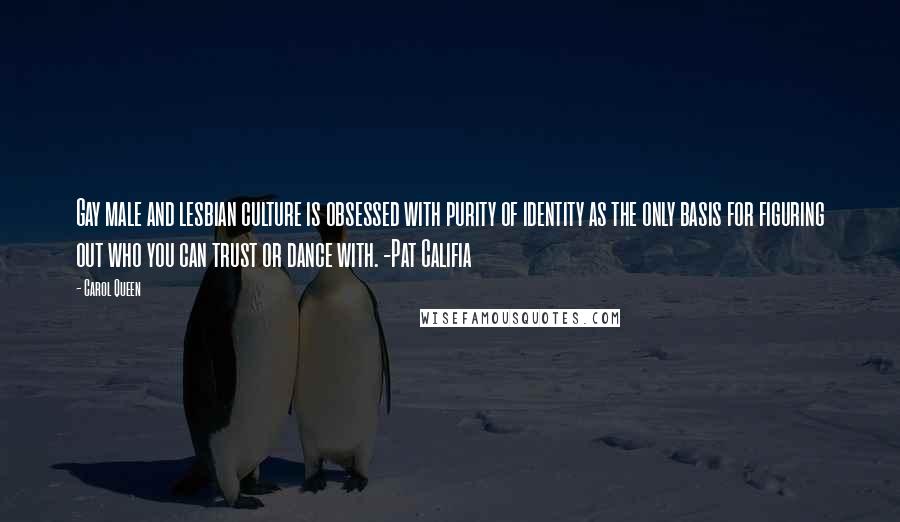 Carol Queen Quotes: Gay male and lesbian culture is obsessed with purity of identity as the only basis for figuring out who you can trust or dance with. -Pat Califia