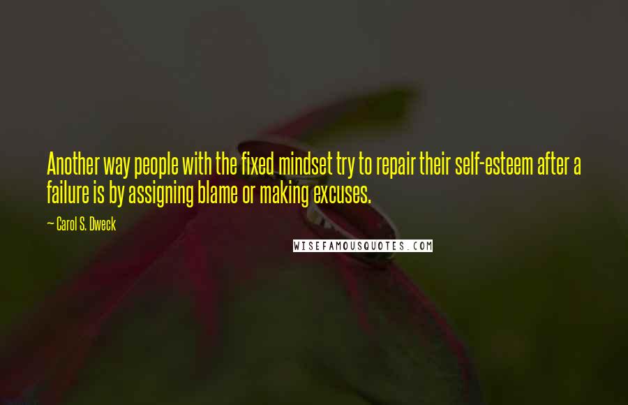 Carol S. Dweck Quotes: Another way people with the fixed mindset try to repair their self-esteem after a failure is by assigning blame or making excuses.