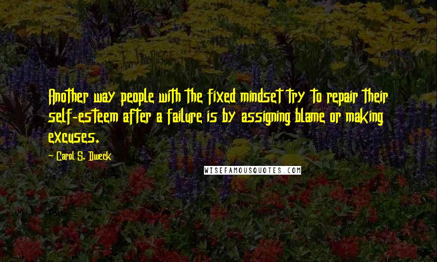 Carol S. Dweck Quotes: Another way people with the fixed mindset try to repair their self-esteem after a failure is by assigning blame or making excuses.