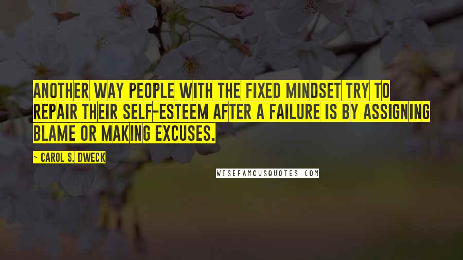 Carol S. Dweck Quotes: Another way people with the fixed mindset try to repair their self-esteem after a failure is by assigning blame or making excuses.