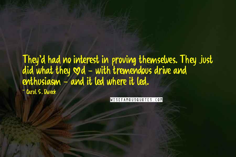 Carol S. Dweck Quotes: They'd had no interest in proving themselves. They just did what they loved - with tremendous drive and enthusiasm - and it led where it led.