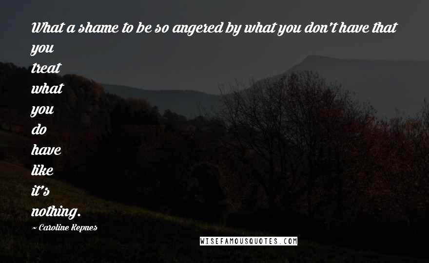 Caroline Kepnes Quotes: What a shame to be so angered by what you don't have that you treat what you do have like it's nothing.