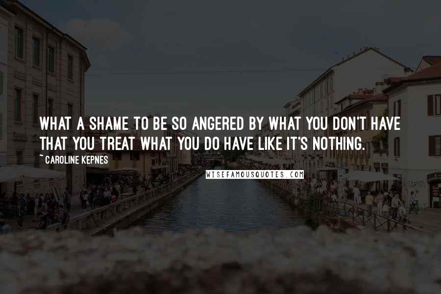 Caroline Kepnes Quotes: What a shame to be so angered by what you don't have that you treat what you do have like it's nothing.