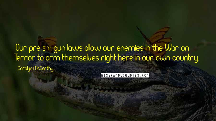 Carolyn McCarthy Quotes: Our pre-9/11 gun laws allow our enemies in the War on Terror to arm themselves right here in our own country.