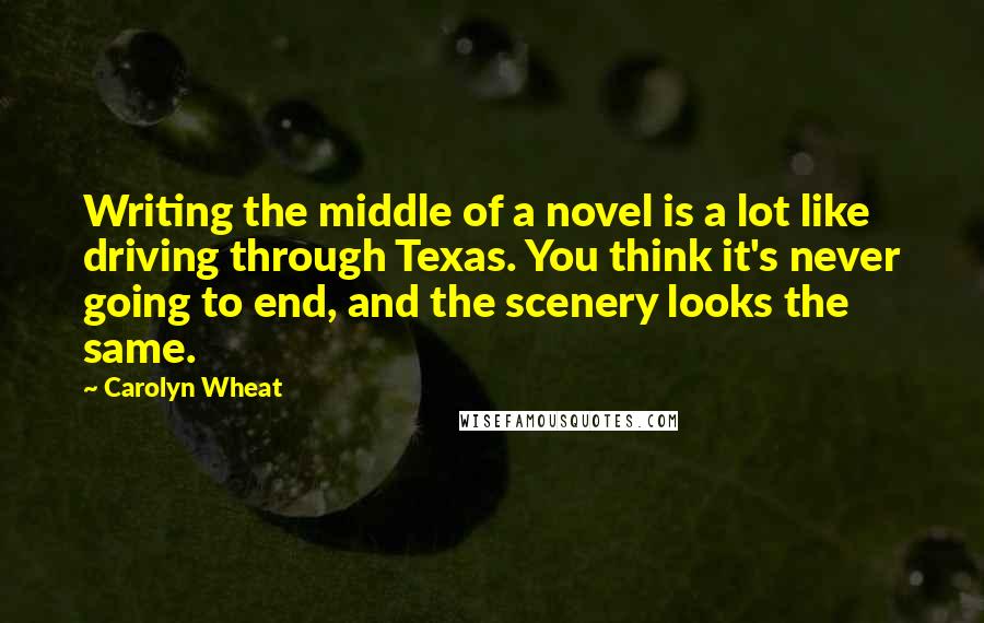 Carolyn Wheat Quotes: Writing the middle of a novel is a lot like driving through Texas. You think it's never going to end, and the scenery looks the same.
