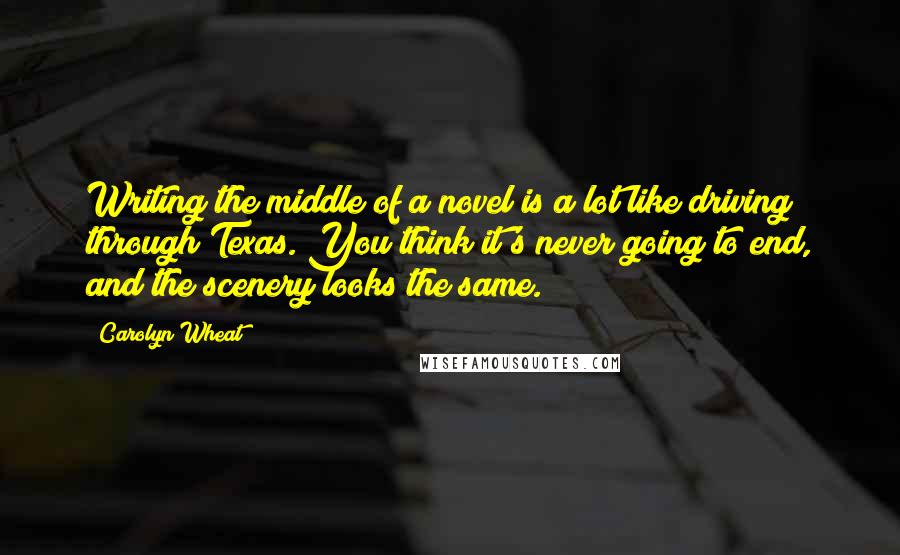 Carolyn Wheat Quotes: Writing the middle of a novel is a lot like driving through Texas. You think it's never going to end, and the scenery looks the same.