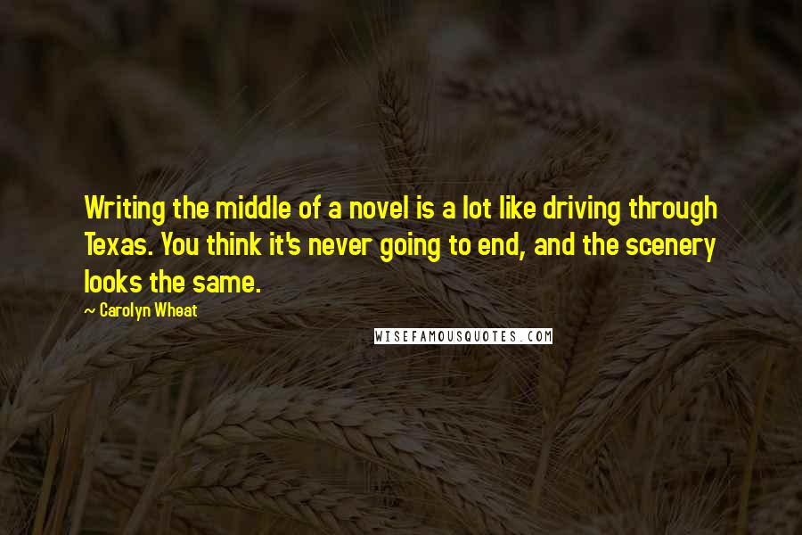 Carolyn Wheat Quotes: Writing the middle of a novel is a lot like driving through Texas. You think it's never going to end, and the scenery looks the same.