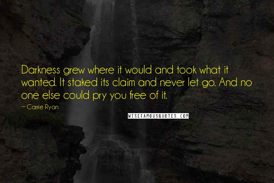 Carrie Ryan Quotes: Darkness grew where it would and took what it wanted. It staked its claim and never let go. And no one else could pry you free of it.