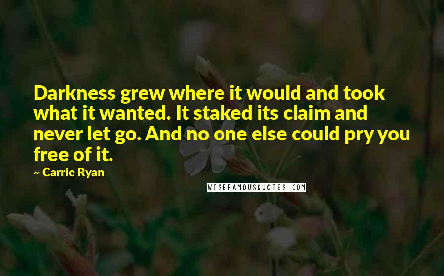 Carrie Ryan Quotes: Darkness grew where it would and took what it wanted. It staked its claim and never let go. And no one else could pry you free of it.