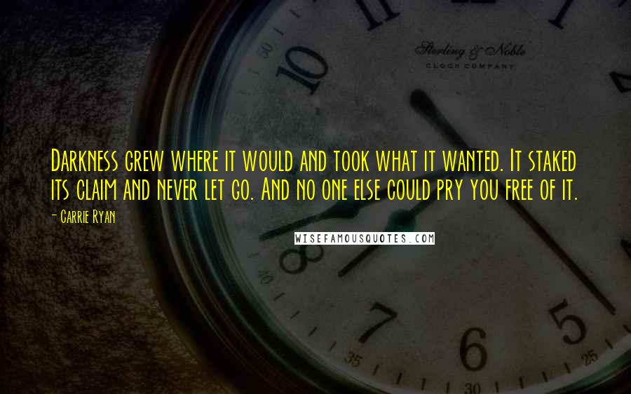 Carrie Ryan Quotes: Darkness grew where it would and took what it wanted. It staked its claim and never let go. And no one else could pry you free of it.