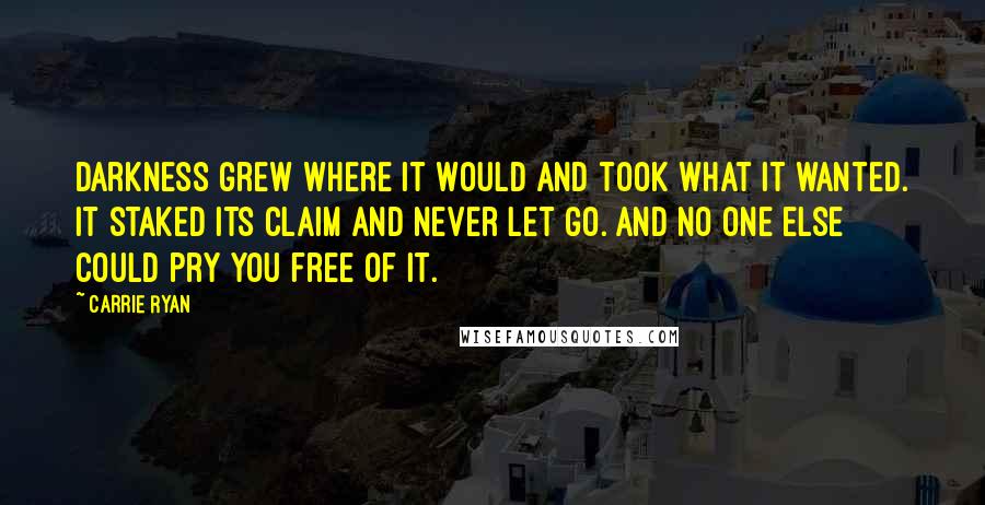 Carrie Ryan Quotes: Darkness grew where it would and took what it wanted. It staked its claim and never let go. And no one else could pry you free of it.