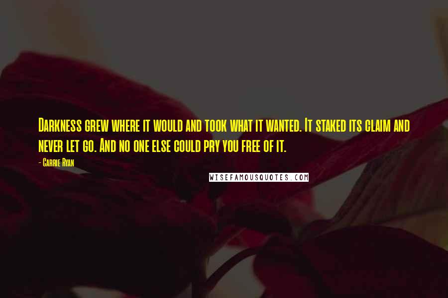 Carrie Ryan Quotes: Darkness grew where it would and took what it wanted. It staked its claim and never let go. And no one else could pry you free of it.