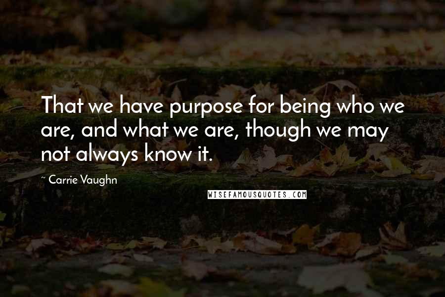 Carrie Vaughn Quotes: That we have purpose for being who we are, and what we are, though we may not always know it.