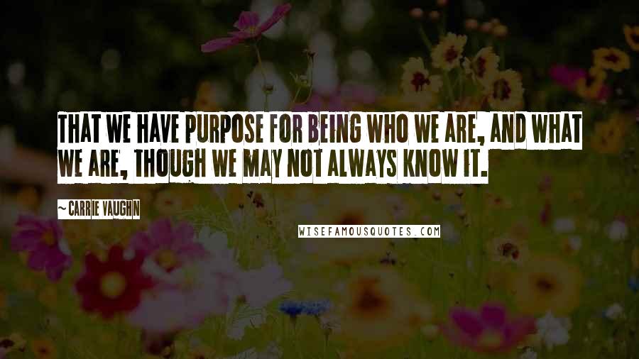 Carrie Vaughn Quotes: That we have purpose for being who we are, and what we are, though we may not always know it.