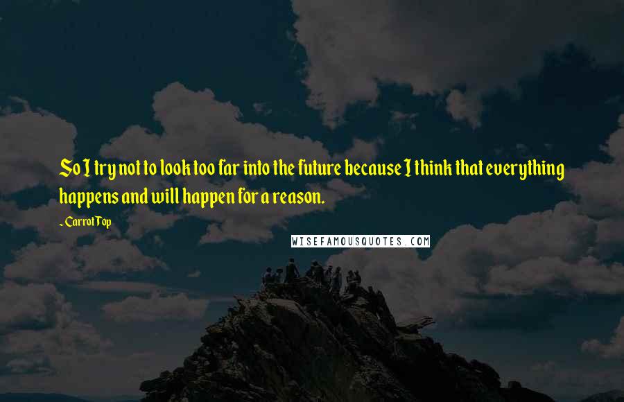 Carrot Top Quotes: So I try not to look too far into the future because I think that everything happens and will happen for a reason.