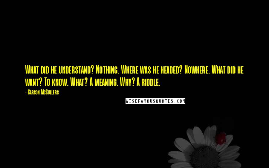 Carson McCullers Quotes: What did he understand? Nothing. Where was he headed? Nowhere. What did he want? To know. What? A meaning. Why? A riddle.