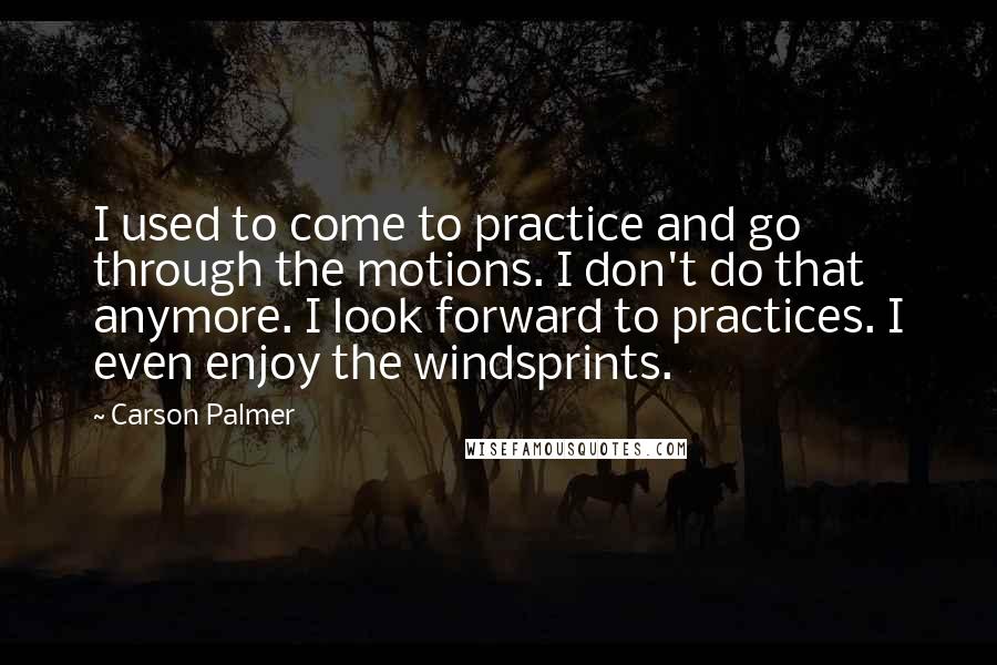 Carson Palmer Quotes: I used to come to practice and go through the motions. I don't do that anymore. I look forward to practices. I even enjoy the windsprints.