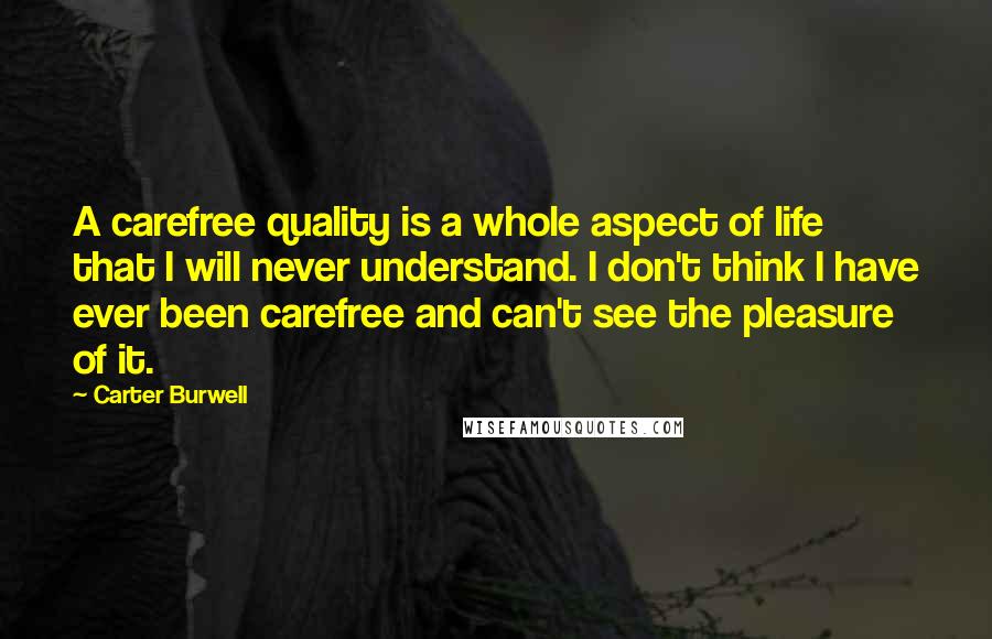 Carter Burwell Quotes: A carefree quality is a whole aspect of life that I will never understand. I don't think I have ever been carefree and can't see the pleasure of it.