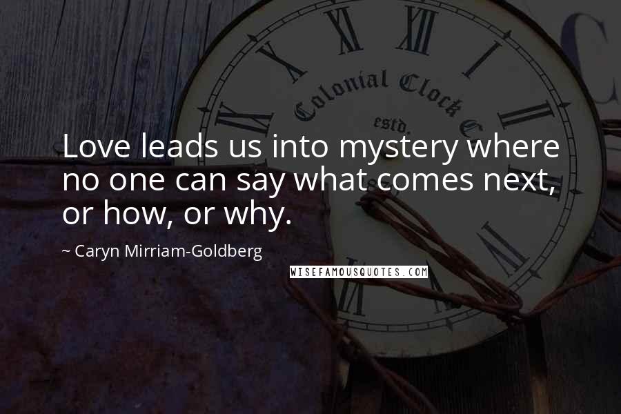 Caryn Mirriam-Goldberg Quotes: Love leads us into mystery where no one can say what comes next, or how, or why.