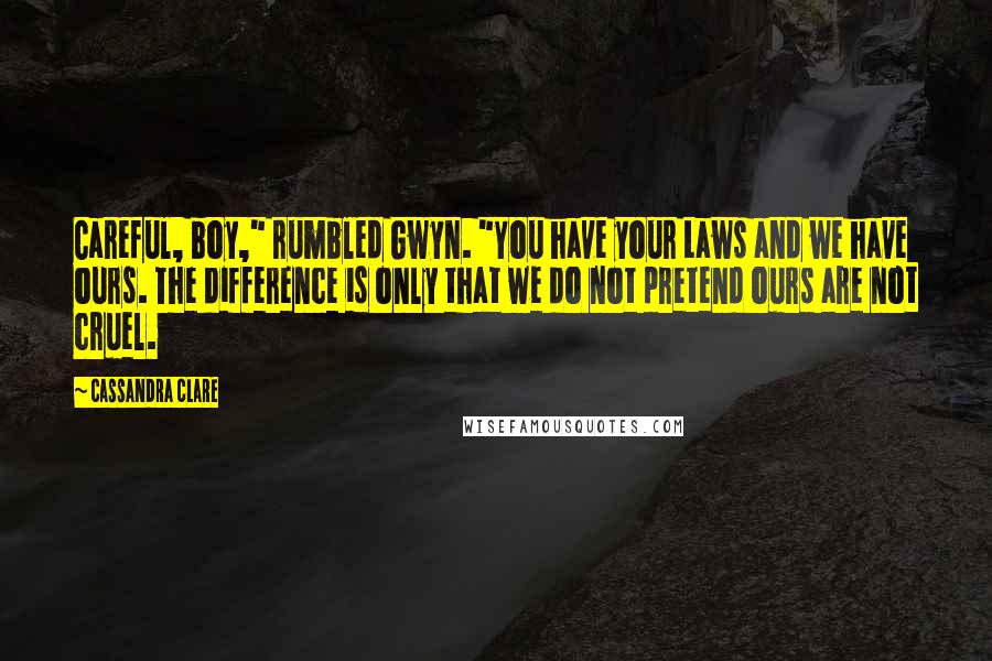 Cassandra Clare Quotes: Careful, boy," rumbled Gwyn. "You have your Laws and we have ours. The difference is only that we do not pretend ours are not cruel.