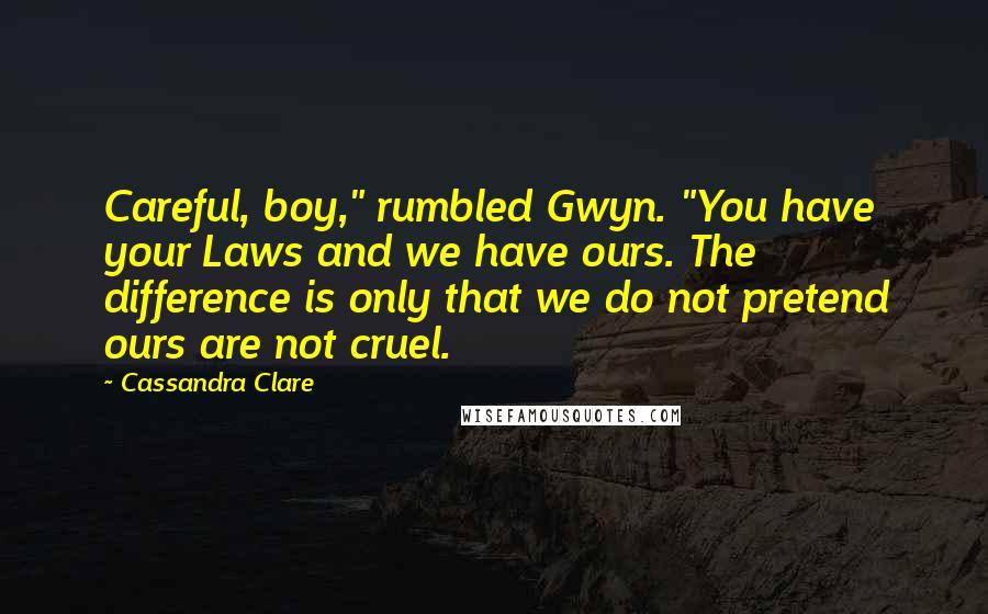 Cassandra Clare Quotes: Careful, boy," rumbled Gwyn. "You have your Laws and we have ours. The difference is only that we do not pretend ours are not cruel.