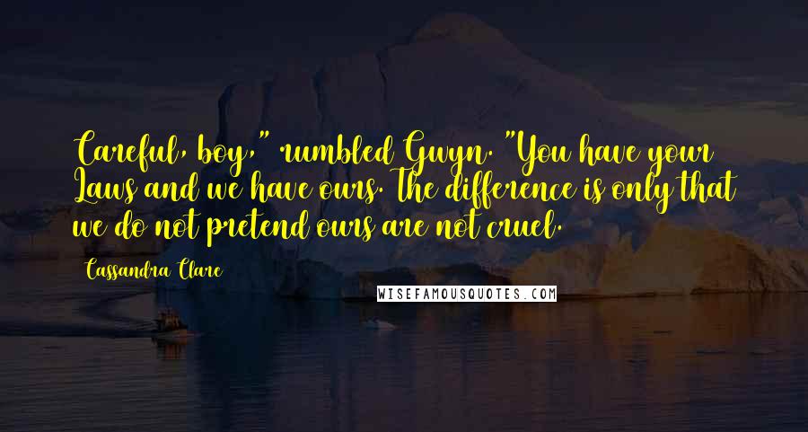 Cassandra Clare Quotes: Careful, boy," rumbled Gwyn. "You have your Laws and we have ours. The difference is only that we do not pretend ours are not cruel.