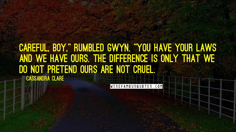 Cassandra Clare Quotes: Careful, boy," rumbled Gwyn. "You have your Laws and we have ours. The difference is only that we do not pretend ours are not cruel.