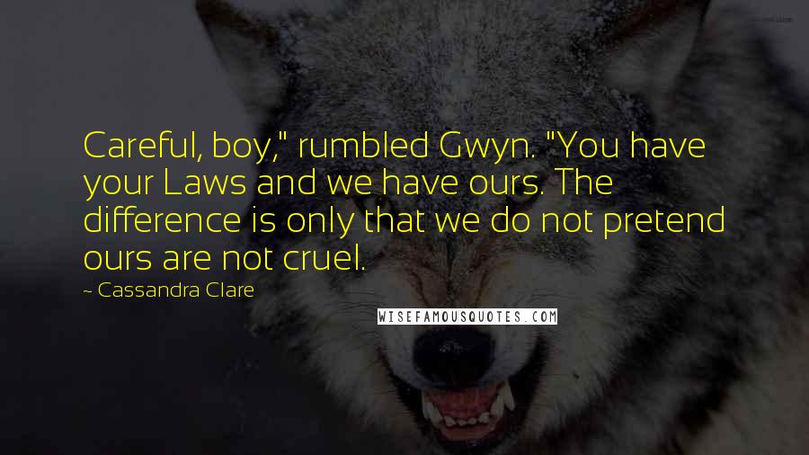 Cassandra Clare Quotes: Careful, boy," rumbled Gwyn. "You have your Laws and we have ours. The difference is only that we do not pretend ours are not cruel.