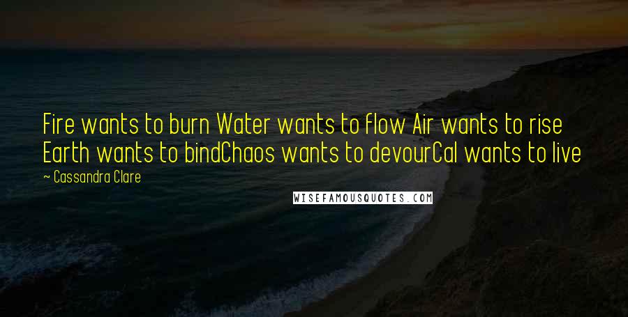 Cassandra Clare Quotes: Fire wants to burn Water wants to flow Air wants to rise Earth wants to bindChaos wants to devourCal wants to live