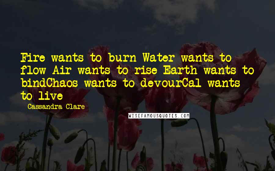 Cassandra Clare Quotes: Fire wants to burn Water wants to flow Air wants to rise Earth wants to bindChaos wants to devourCal wants to live