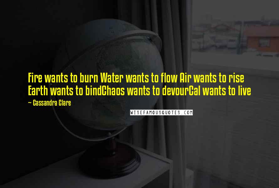 Cassandra Clare Quotes: Fire wants to burn Water wants to flow Air wants to rise Earth wants to bindChaos wants to devourCal wants to live