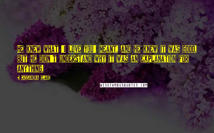 Cassandra Clare Quotes: He knew what 'I love you' meant, and he knew it was good, but he didn't understand why it was an explanation for anything.