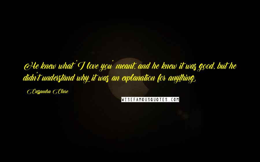 Cassandra Clare Quotes: He knew what 'I love you' meant, and he knew it was good, but he didn't understand why it was an explanation for anything.