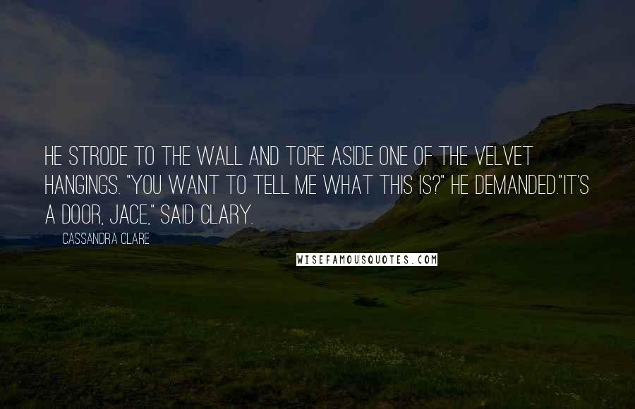 Cassandra Clare Quotes: He strode to the wall and tore aside one of the velvet hangings. "You want to tell me what this is?" he demanded."It's a door, Jace," said Clary.